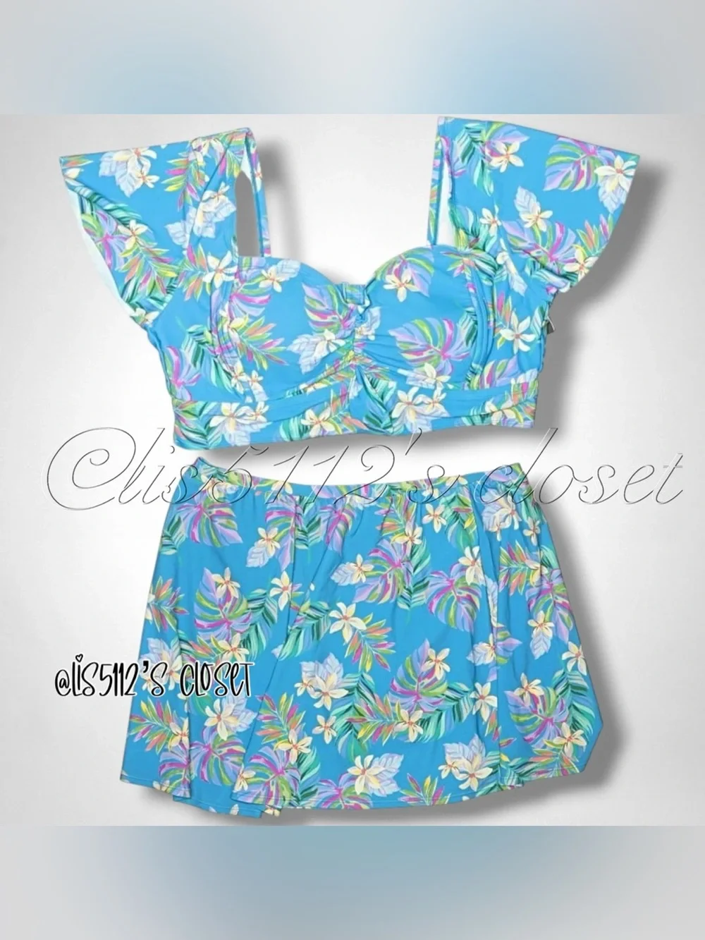 Torrid Blue Lush Tropical Wireless Bikini Top & Swim Skort Swimsuit SET 3X 22 24